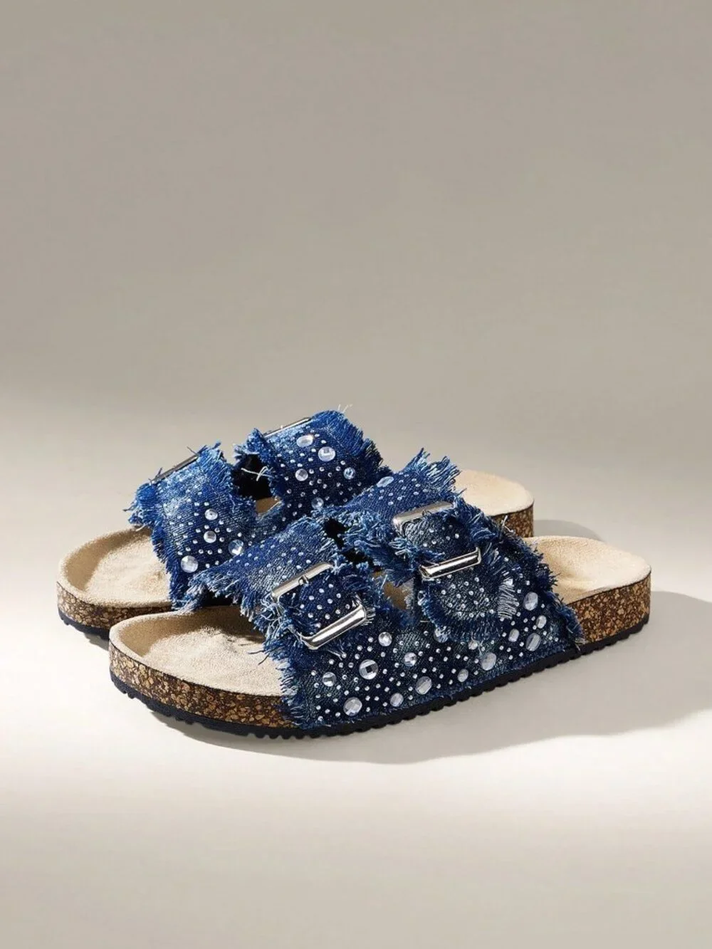 Navy Blue Street Women's Round-Toe Tassel Double Buckle Flat Bottom Shoes